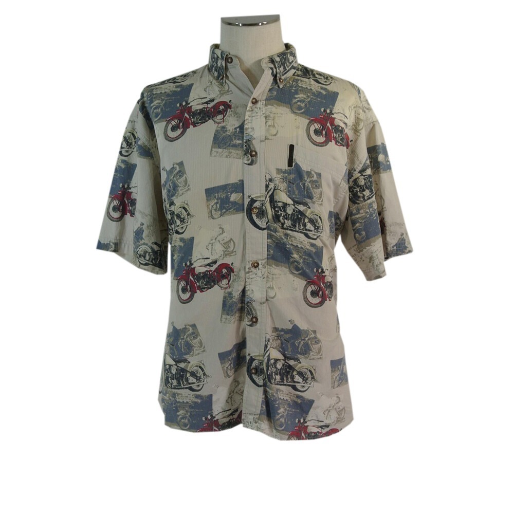 North River shirt men's medium beige all over‎ print vintage motorcycle biker